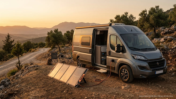 Ilustración de una furgoneta camper con panel solar plegable en un paisaje de montaña al atardecer