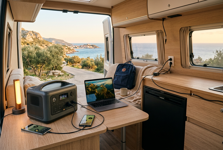 Estación de energía portátil con ordenador, móvil y nevera en el interior de una camper