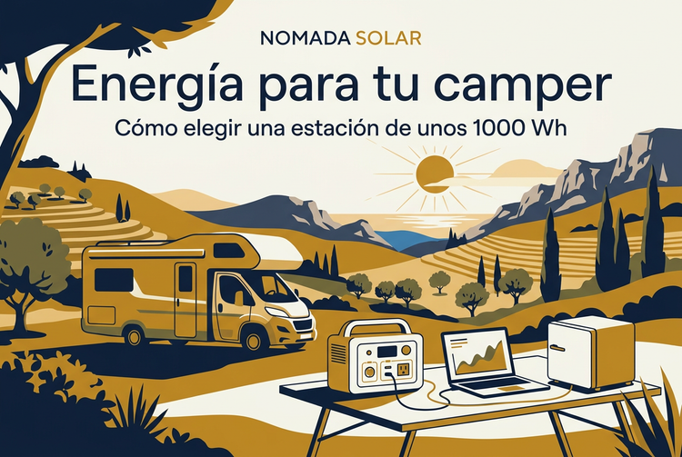 Ilustración de una camper y una estación de energía portátil para la guía de elección de equipos de unos 1000 Wh