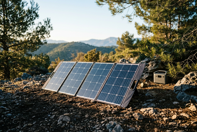 Ilustración de un panel solar plegable en un campamento de montaña para una guía de recarga solar portátil
